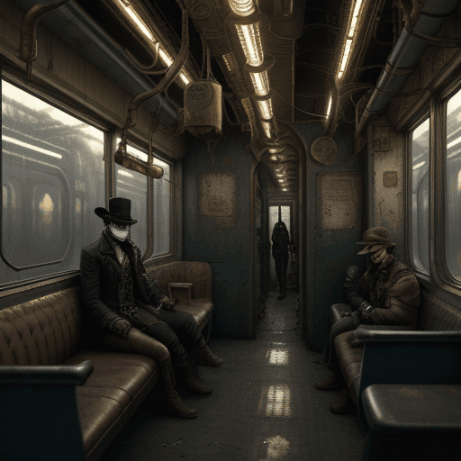 AI generated: In a dystopia, a man with a hat enters a post-apocalyptic steampunk train, the lights inside the tra...