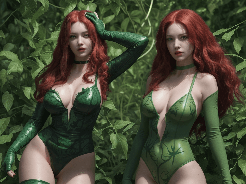AI generated: a digital illustration of a woman dressed as the DC Comics character Poison Ivy. The woman has long,...