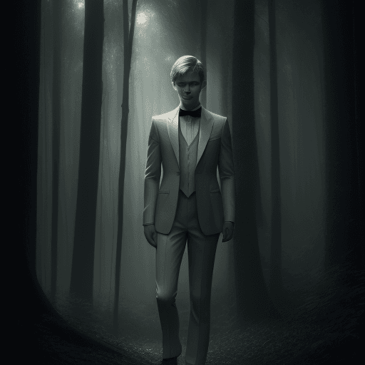AI generated: mystical and beautiful woods, young boy realistic, short hair, full body, strong body, vintage suit,...