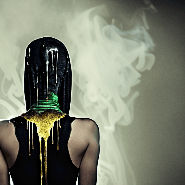 AI generated: close up portrait of a beautiful man on her knees, rear view, fit body covered with gold dripping sl...