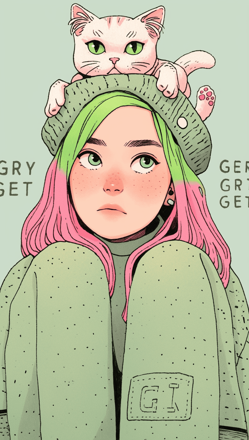 AI generated: An illustration of a quirky girl with pink hair, in the style of Flat shading, Gemma Correll, with f...
