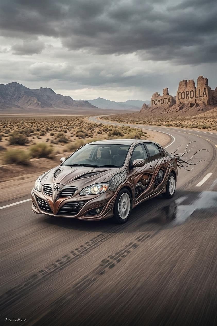 AI generated: a beautiful car creature in a highway in a cloudy day prompts
