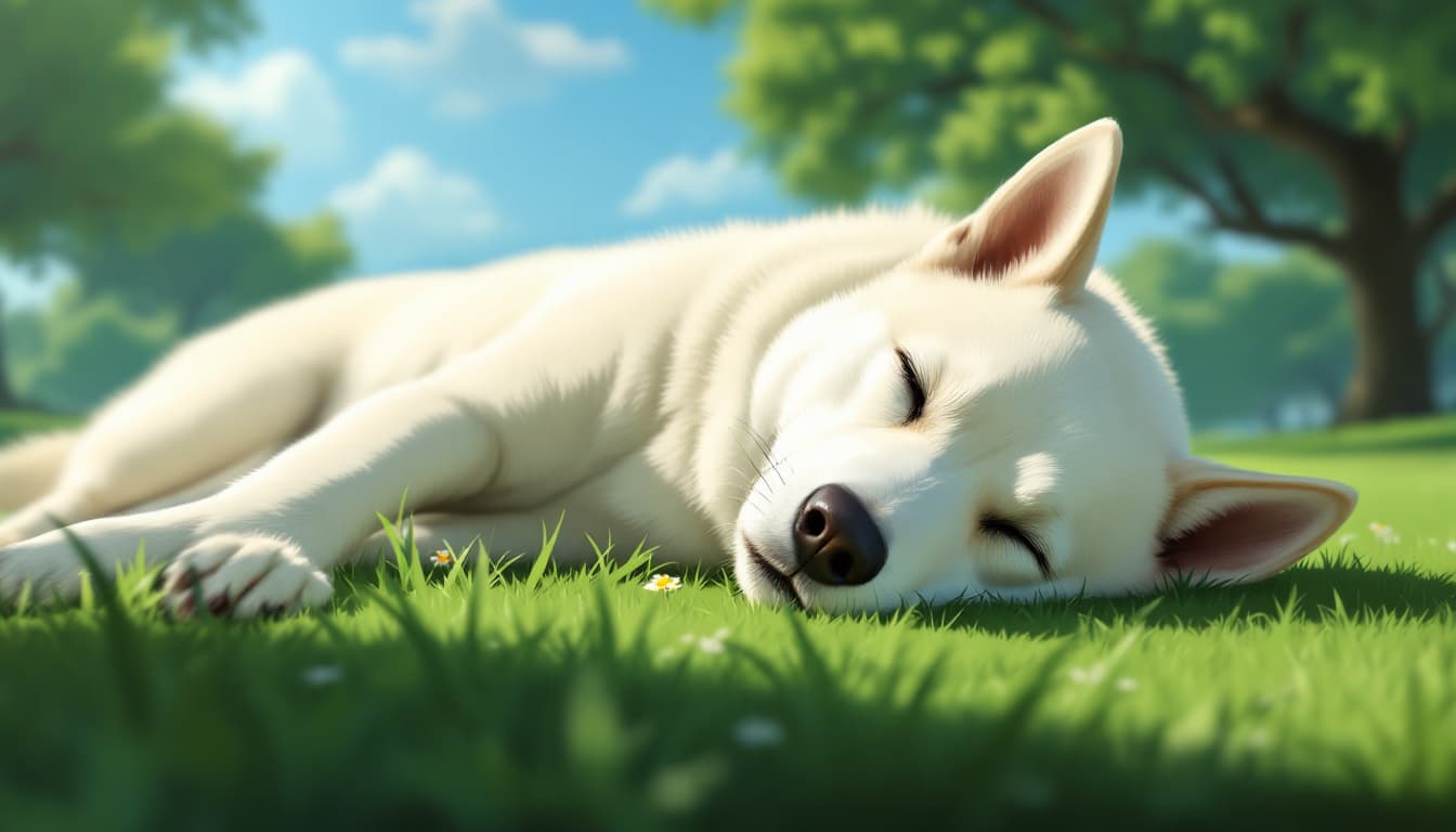 AI generated: jindo dog, who has white short fur, a little bit long nose, about 30kg, docile character, lie down o...