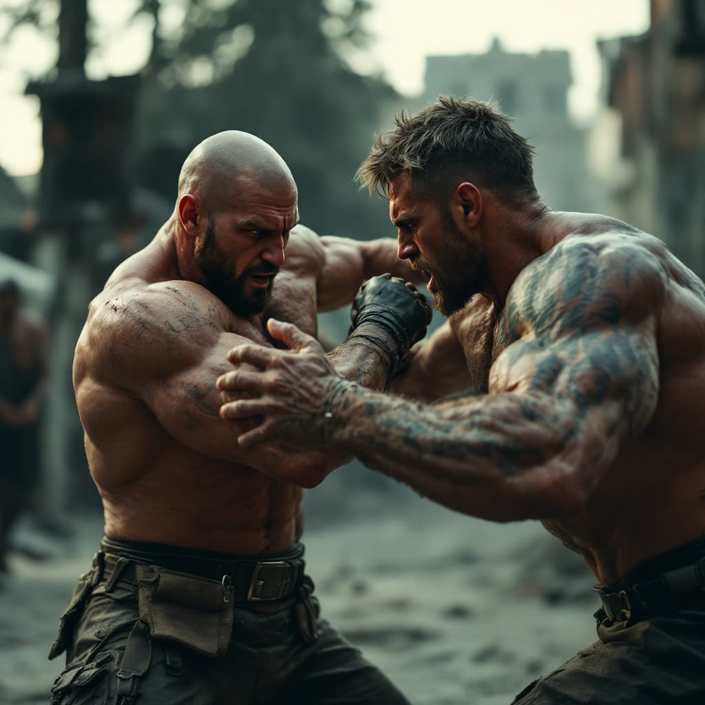 AI generated: Create a full length photorealistic, cinematic still image of 2 white men fighting, use a high-end m...