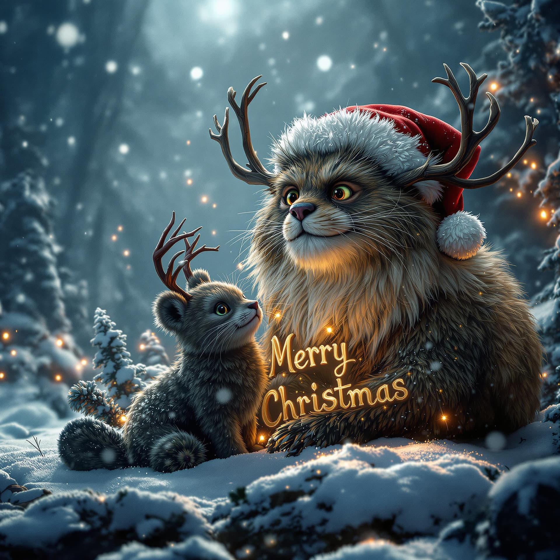 AI generated: merry christmas Movie poster, Cover for rock track, animals from cartoons, dramatic light, Mystical ...