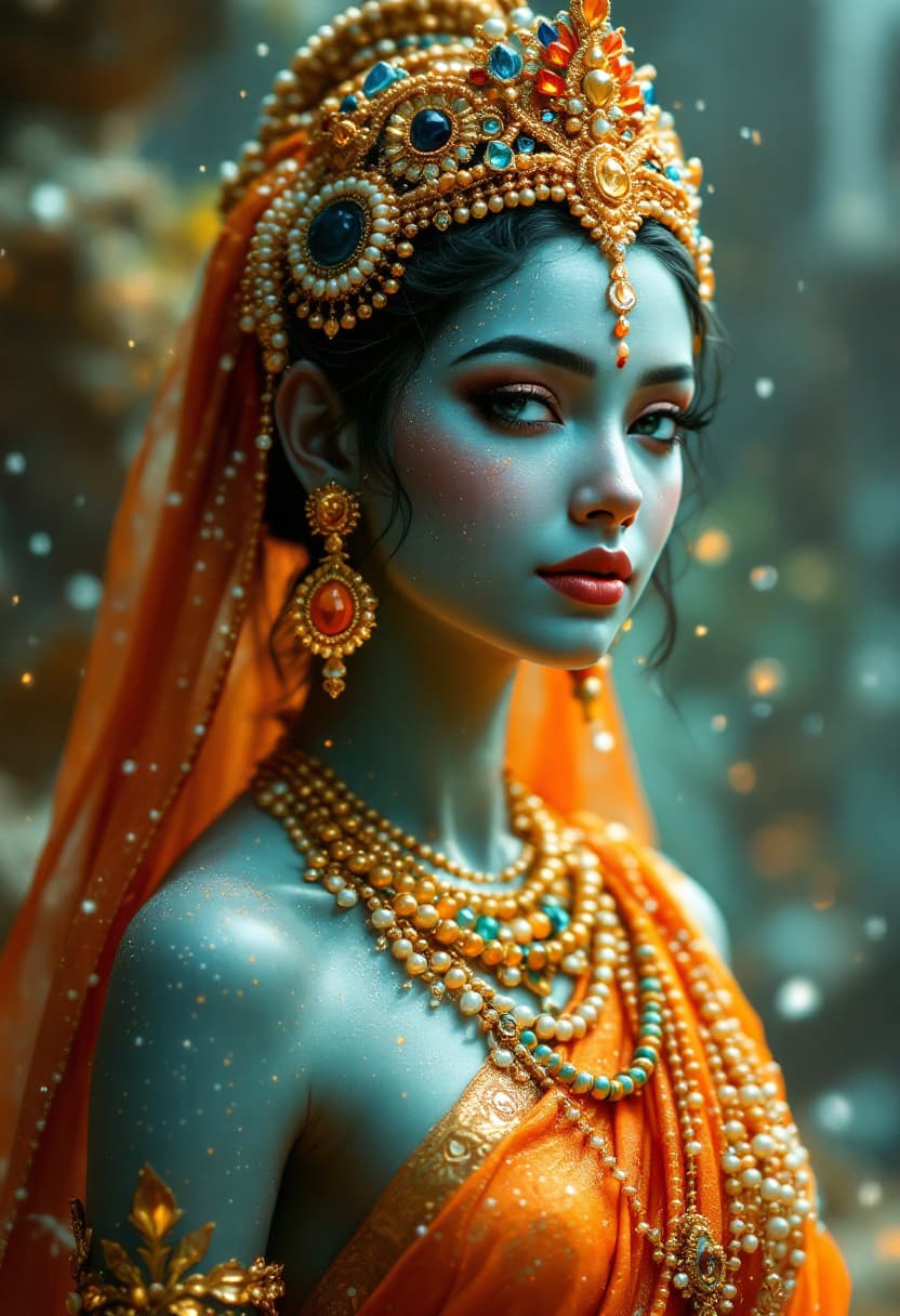 AI generated: an image of a stunning beautiful paravati goddess,wearinf intricate sari made from colorsul beads an...