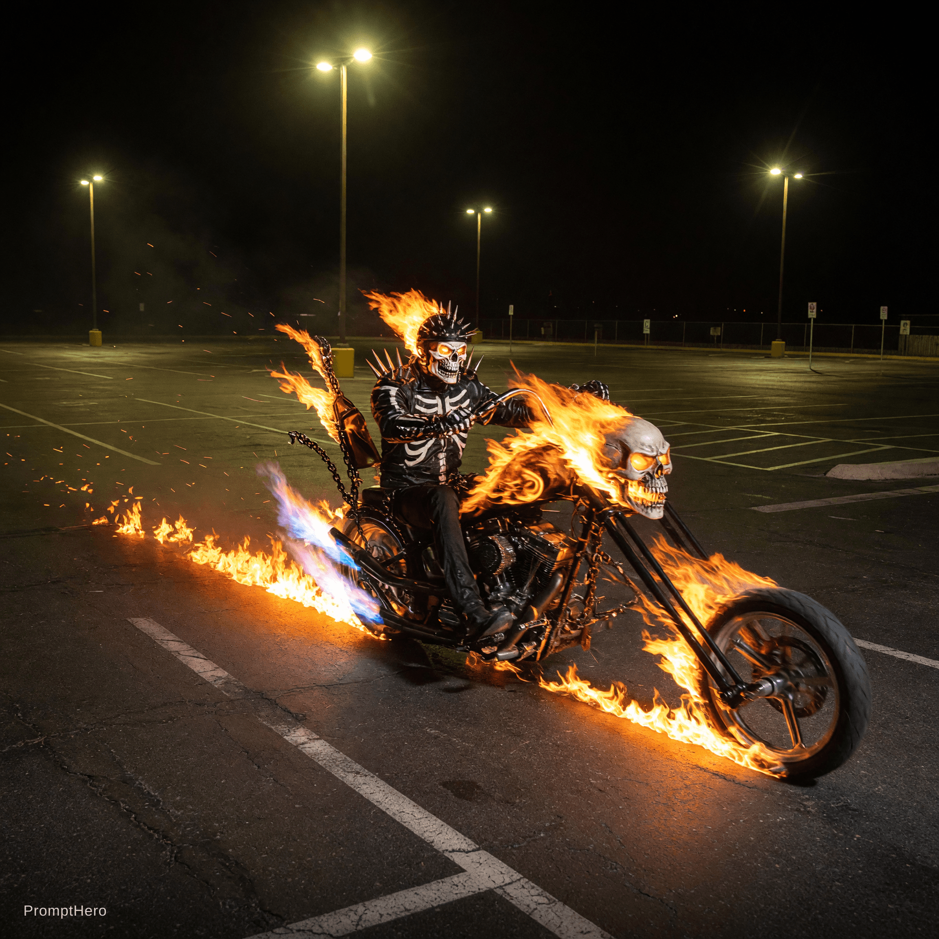 AI generated: Ghostrider's stretched flaming skull and chains motorcycle in an empty parking lot at night driving ...