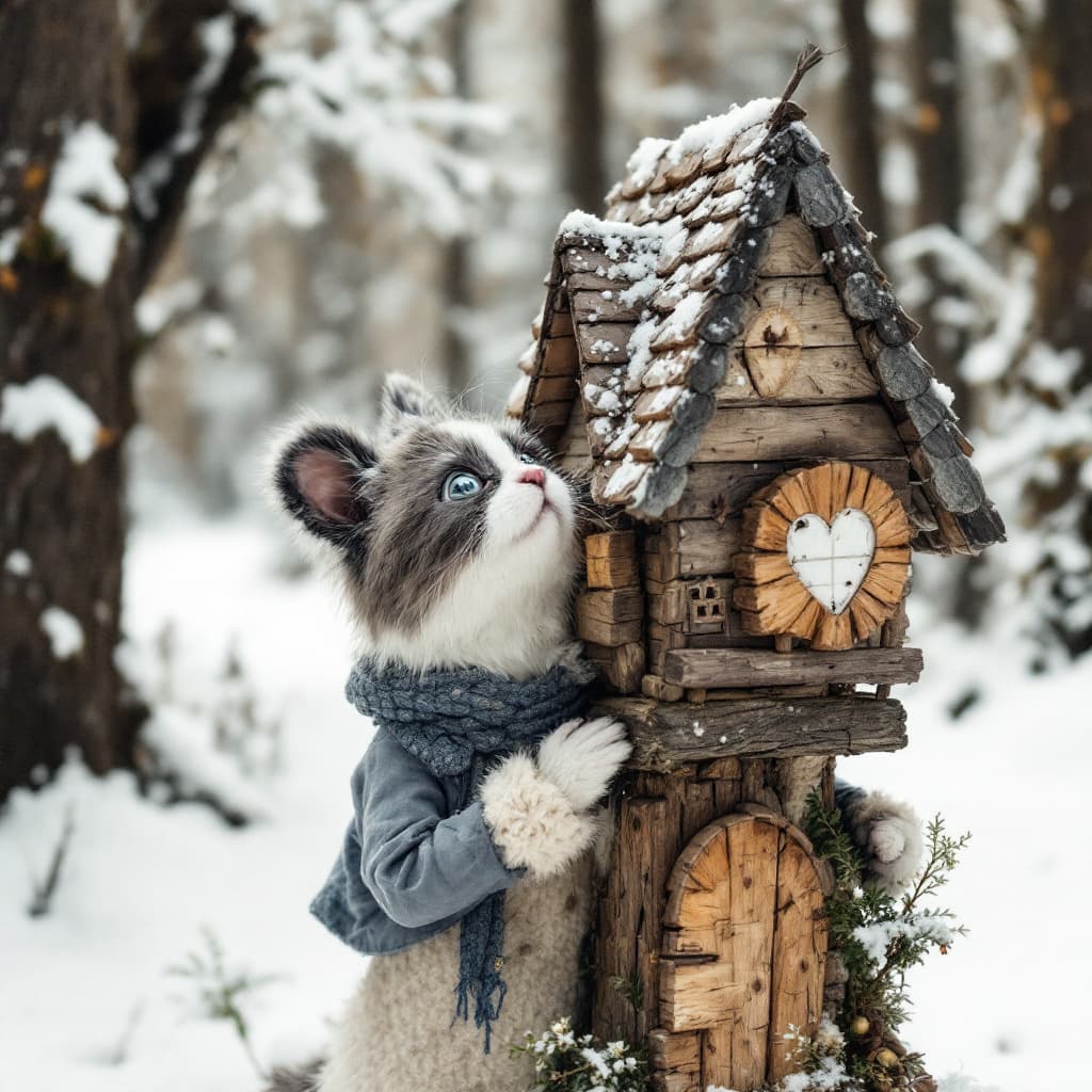AI generated: lockiges Mädchen schaut staunend ein kleines Haus aus Holz an