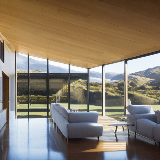 AI generated: lark architects reflect house in new zealand,sunny day, in the style of light reflections, happy atm...