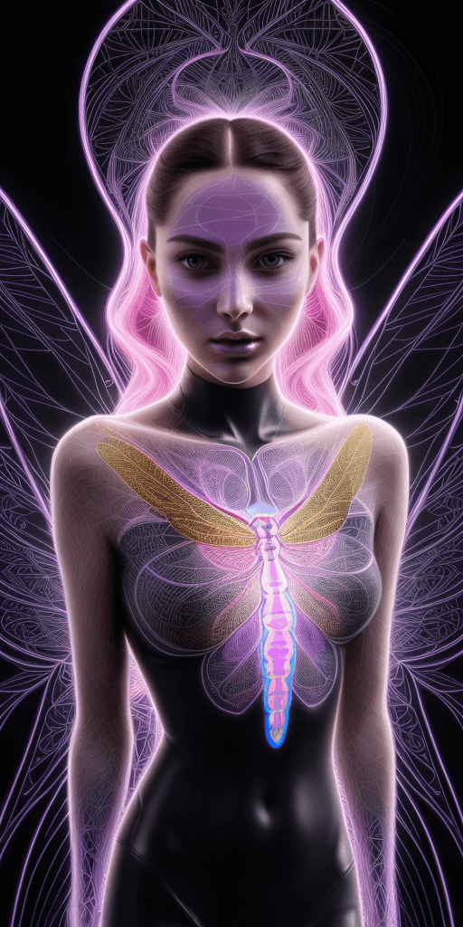 AI generated: portrait forming silhouette of a captivating woman, dynamic holographic lines and patterns resemblin...