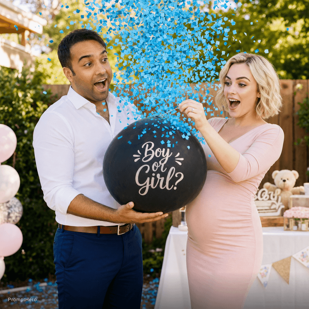 AI generated: Create a photo of an expecting couple in a decorated backyard, the man holding a large black balloon...