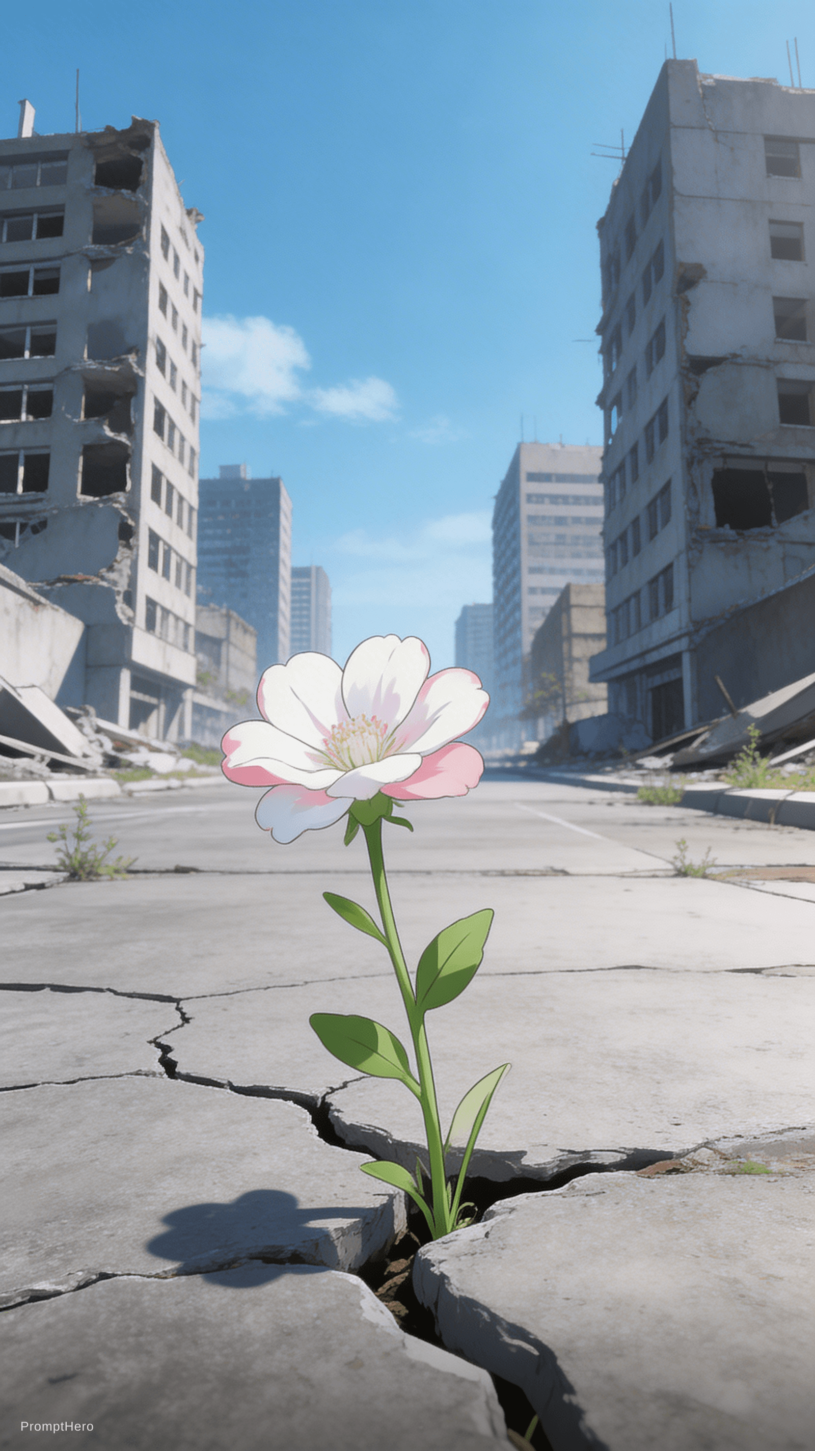 AI generated: urban, ruins, clear skies, single flower, contrast, lonely, anime