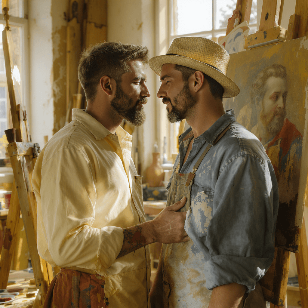 AI generated: A painter and their muse in a sunlit studio, paint on their clothes, eyes locked, a half-finished po...
