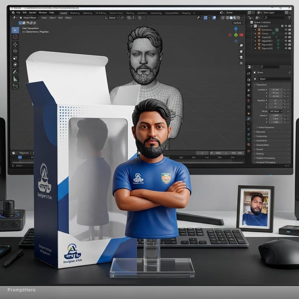 AI generated: Transforming the photographed person into a realistic 3D figurine in front of a computer desk. The c...