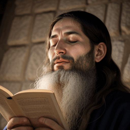 AI generated: Shabbatai Tzvi the Messiah, his face glowing with wisdom as he recites psalms with closed eyes.