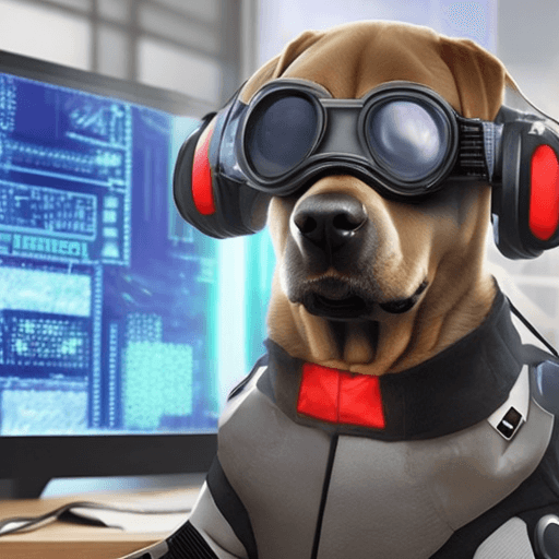 AI generated: Labrador dog in gamer suit playing video game, wearing goggles, cyber punk stylist, advanced technol...