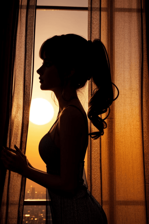 AI generated: medium closeup, (silhouette of a woman:1.1) standing in front of a picture window, wearing sheer sli...