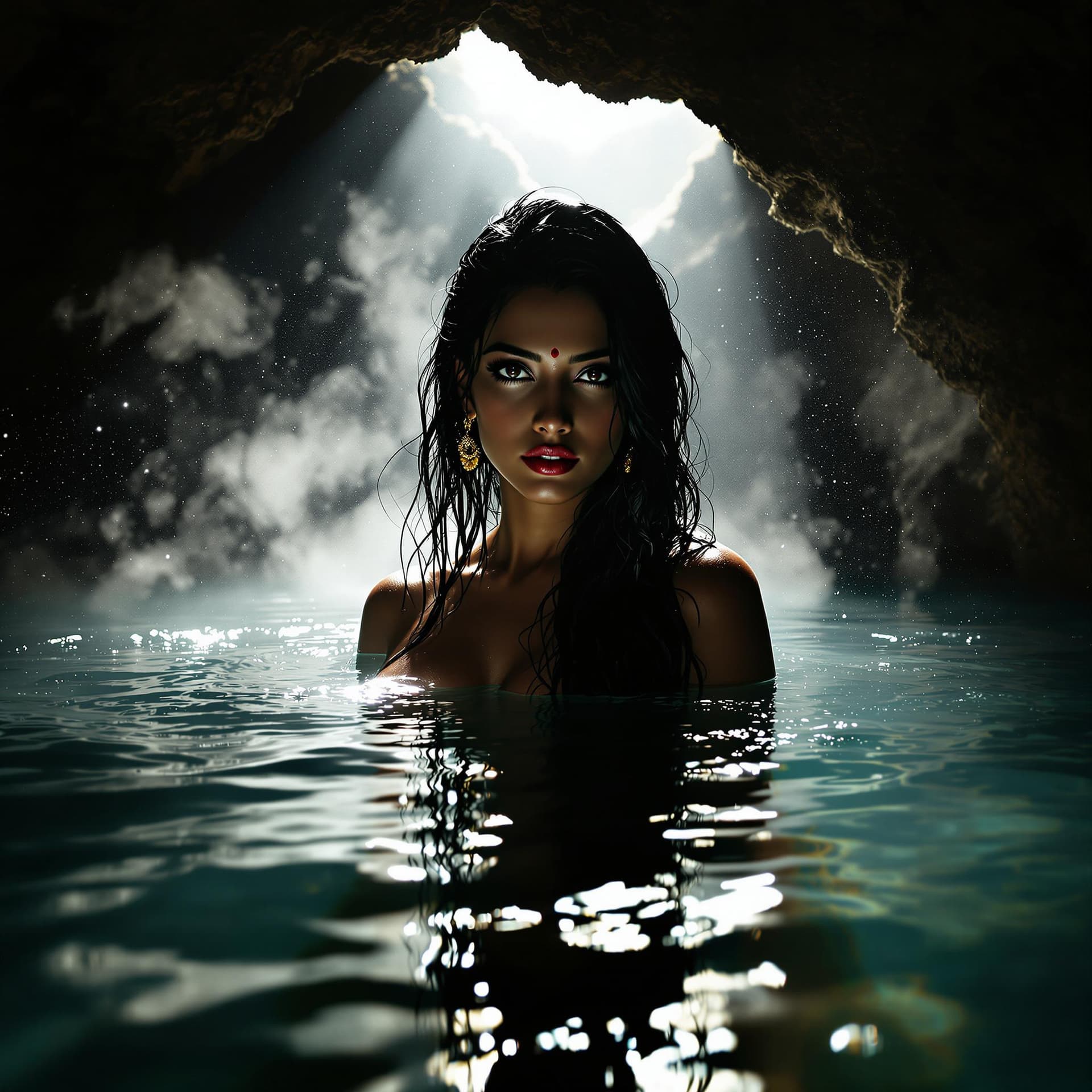 AI generated: hot spring inside a dimly lit cave, steam rises from the water, a hot beautiful Indian woman in sare...