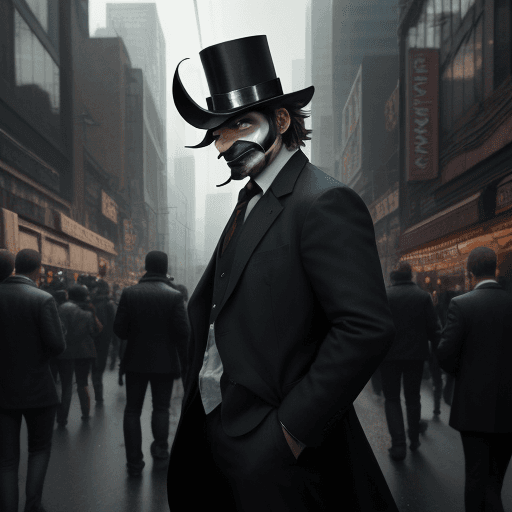AI generated: Create a cinematic 4K image of a photo-realistic, enigmatic character standing amidst a chaotic urba...