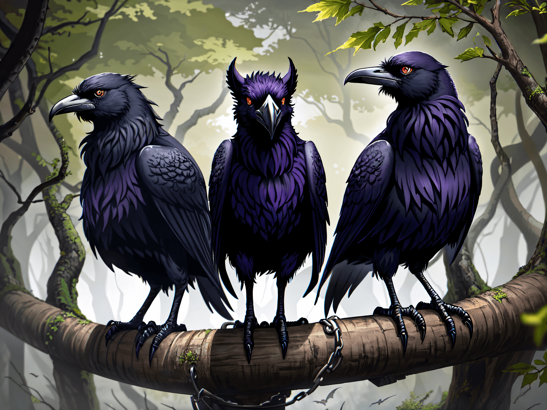 AI generated: Three Large ravens sitting in tree, gothic steampunk style , fierce , Red eyes, lots of detail. A da...