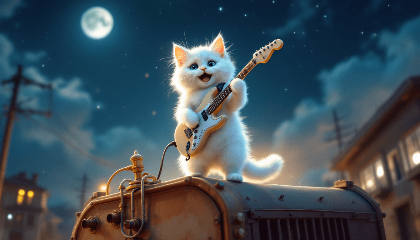 AI generated: "I want a cute picture of a white cat standing on a transformer at night, playing the guitar." 🎸🐱
...