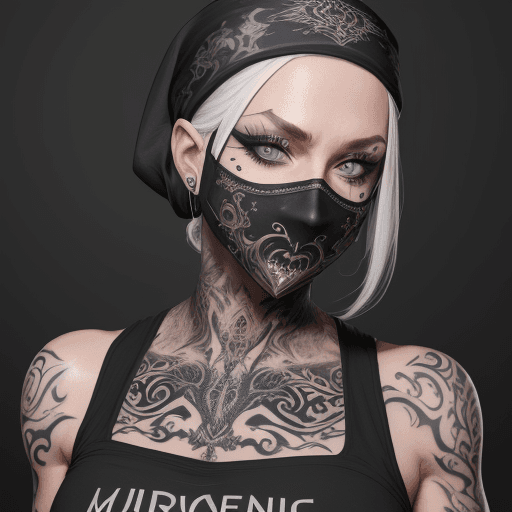 AI generated: verschiedene augenfarben, 8k, masterpice bodytattoo, weiße skimaske, bandana kopfbedeckung, junge fr...