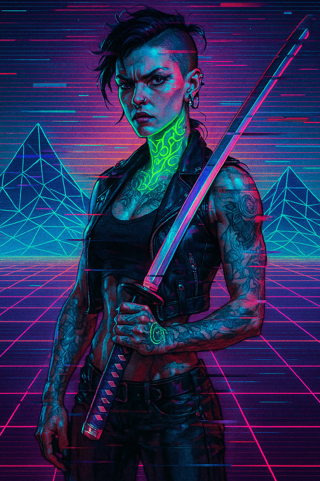 AI generated: A vaporwave-inspired portrait of a gothic punk rebel girl, illuminated by neon green, blue, and red ...