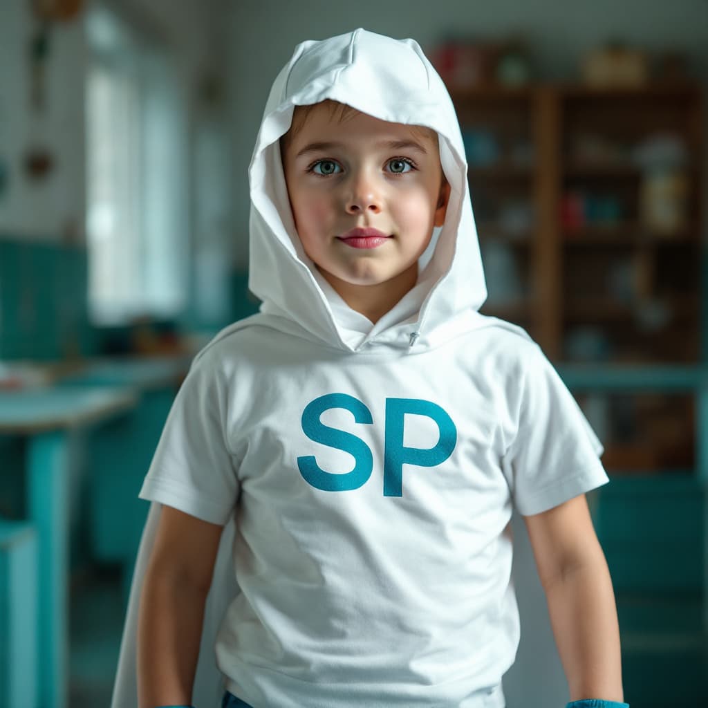 AI generated: Un 
superhéroe que tenga mallas de color blanco, camiseta blanca ajustada, capa blanca y antifaz bla...