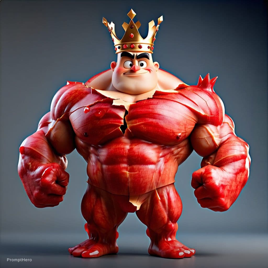 AI generated: Pixar-style 3D render, highly detailed character design. A muscular, buff pomegranate character with...