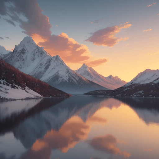 AI generated: Magnificent view of the sunset over a tranquil lake, snow-capped mountains, and clouds, with warm co...