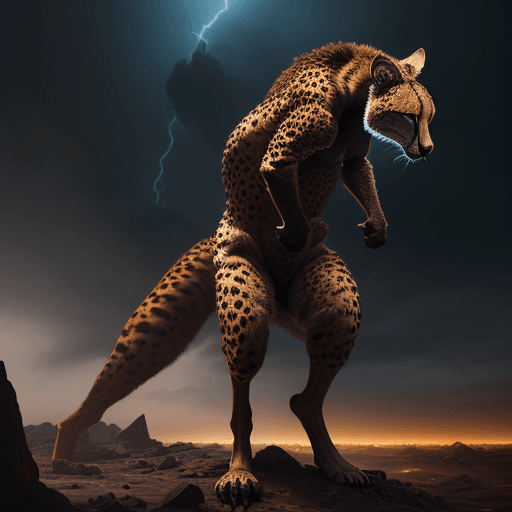 AI generated: powerful kangaroo with cheetah fur, 8K RESOLUTION, MALE HUMANOID PRINCE of darkness CONQUERING on th...