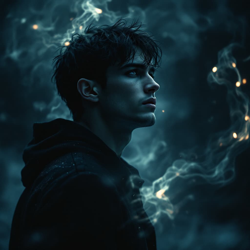 AI generated: A young man with sharp facial features, short dark hair,muscular body  and deep, expressive eyes sta...
