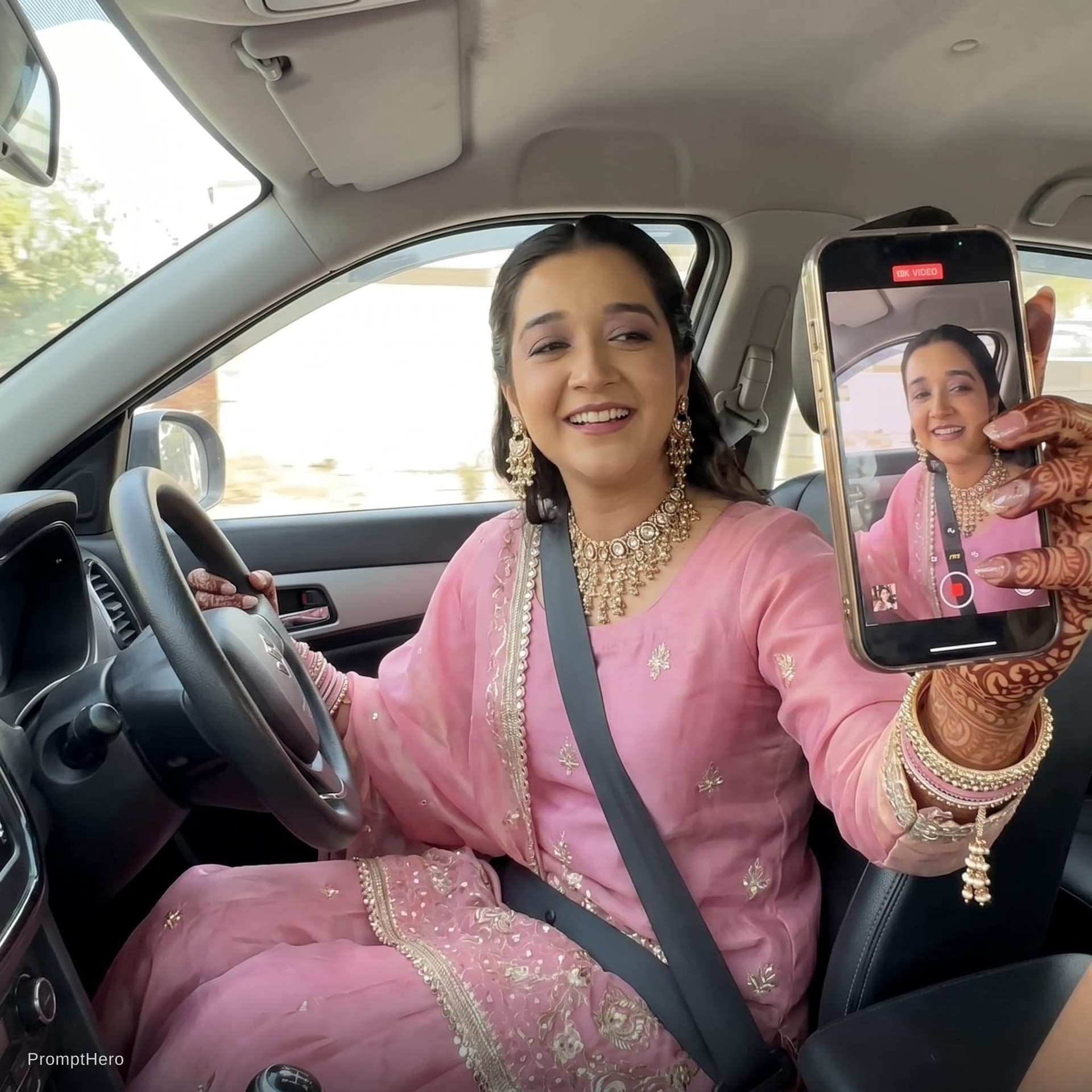 AI generated: this woman, but inside the car in the driver's seat, recording herself in selfie mode