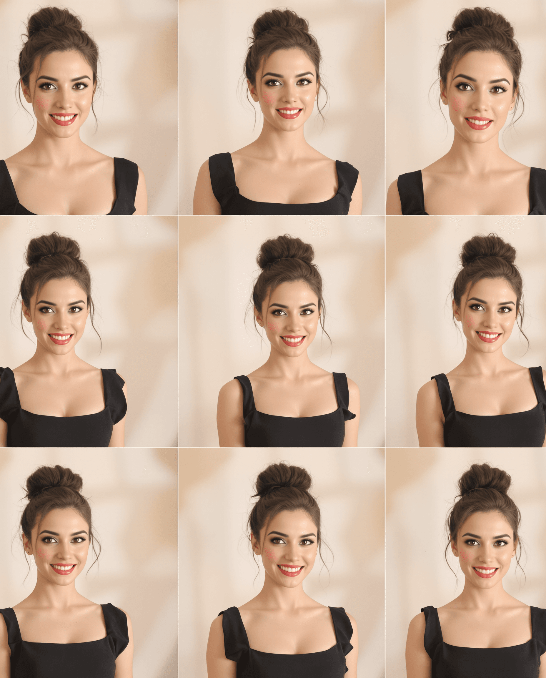 AI generated: "A 3x3 grid of a British Caucasian woman in multiple natural and elegant upper-body poses. She has a...