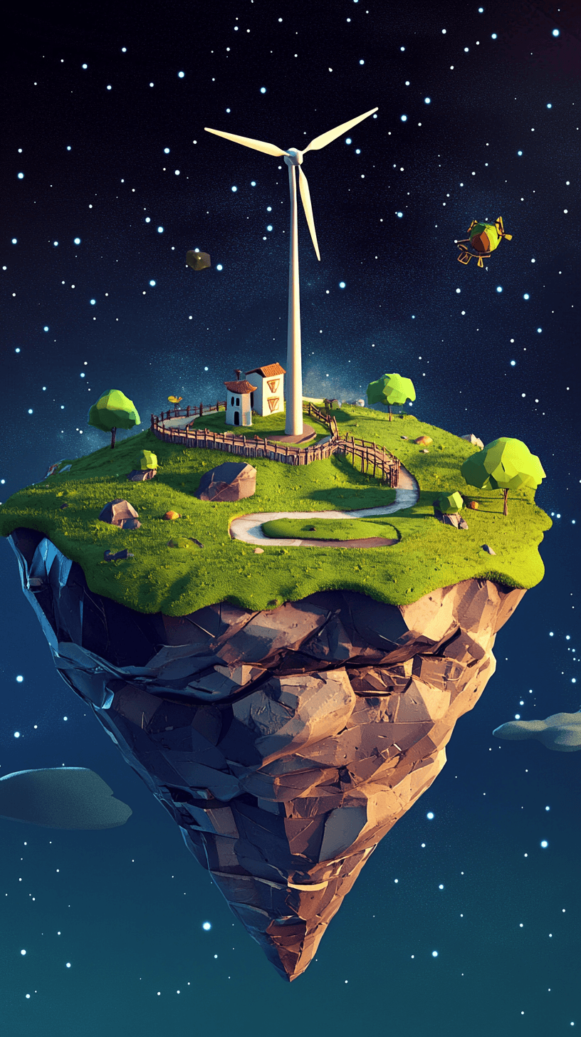 AI generated: 3d isometric rendering of a [cone-shaped island with windmills], green pastures, rocks, and tiny bri...