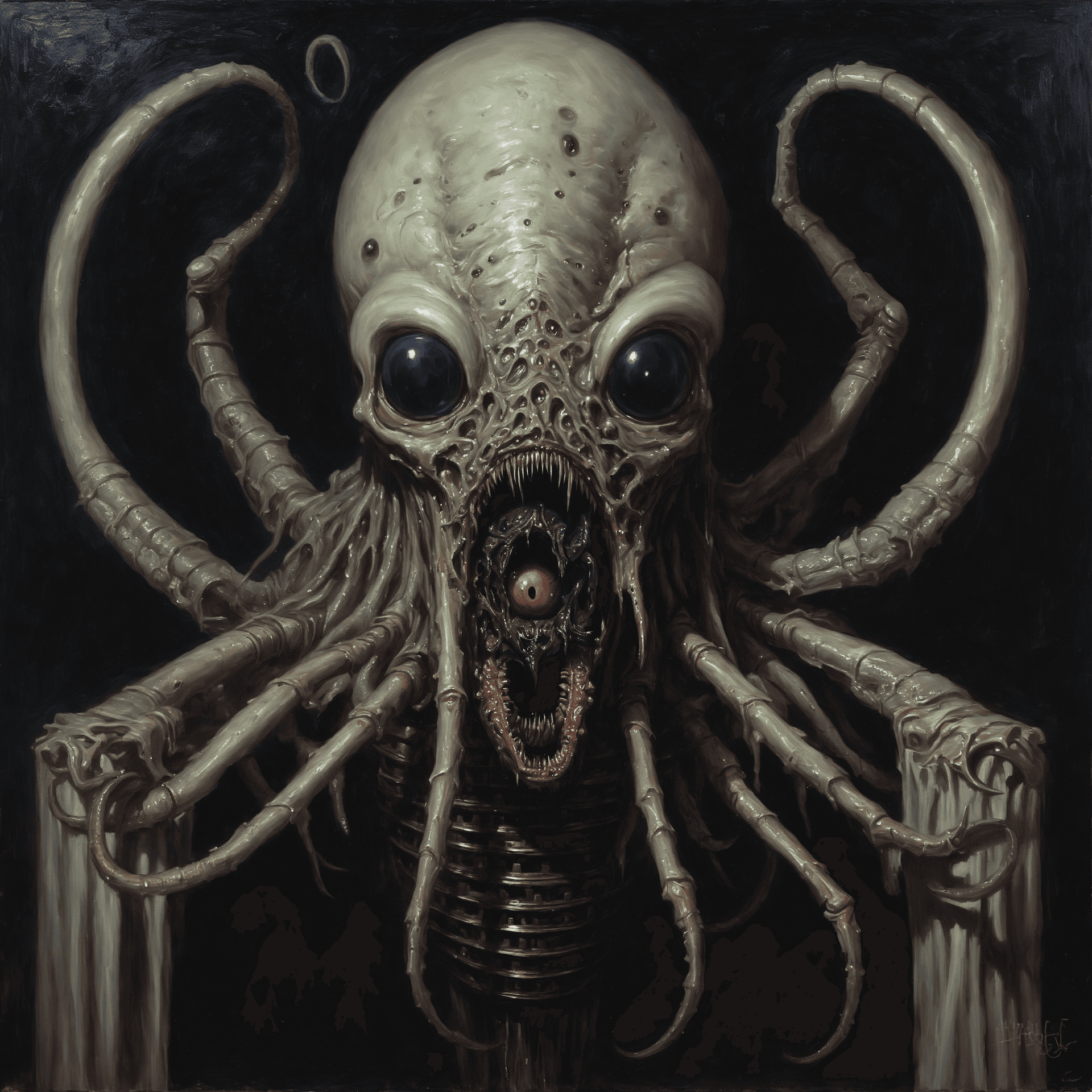 AI generated: Horror-themed oil painting depicting an ancient eldritch device that rips reality apart to let unspe...