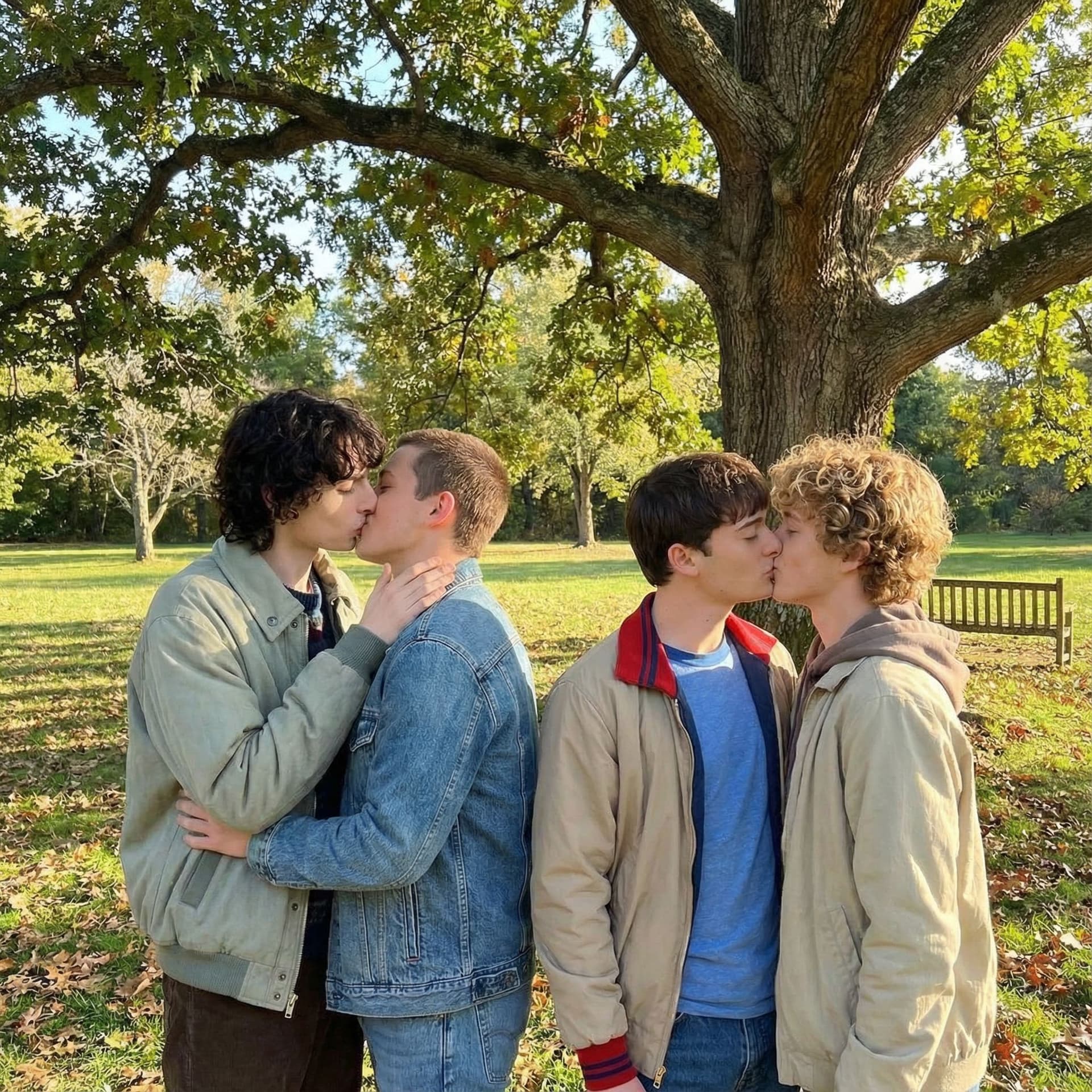AI generated: two cute male gay couples kissing under a tree