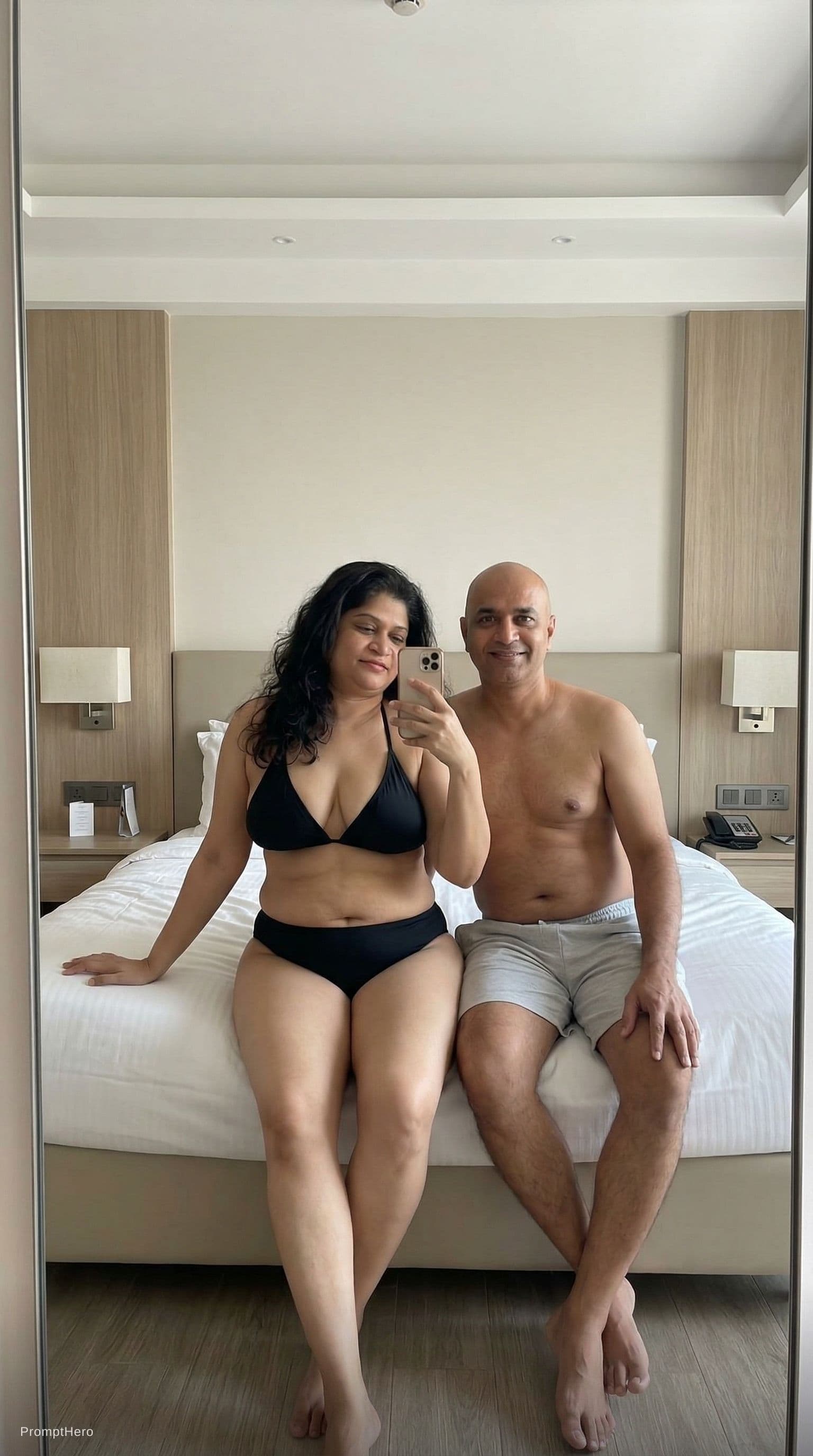AI generated: {
  "scene": {
    "setting": "Modern hotel room",
    "background_details": {
      "furniture": "L...