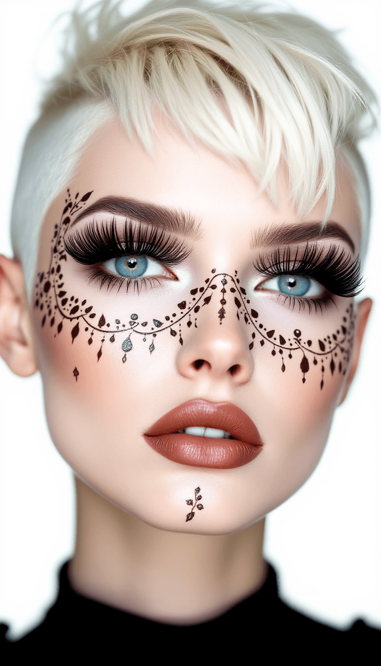 AI generated: a beautiful albino model with an avant-garde haircut, she is looking into the camera, henna pattern ...
