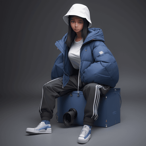 AI generated: capturing a model, woman wearing long deep blue cotton nylon puffer with big hood, and with side bot...