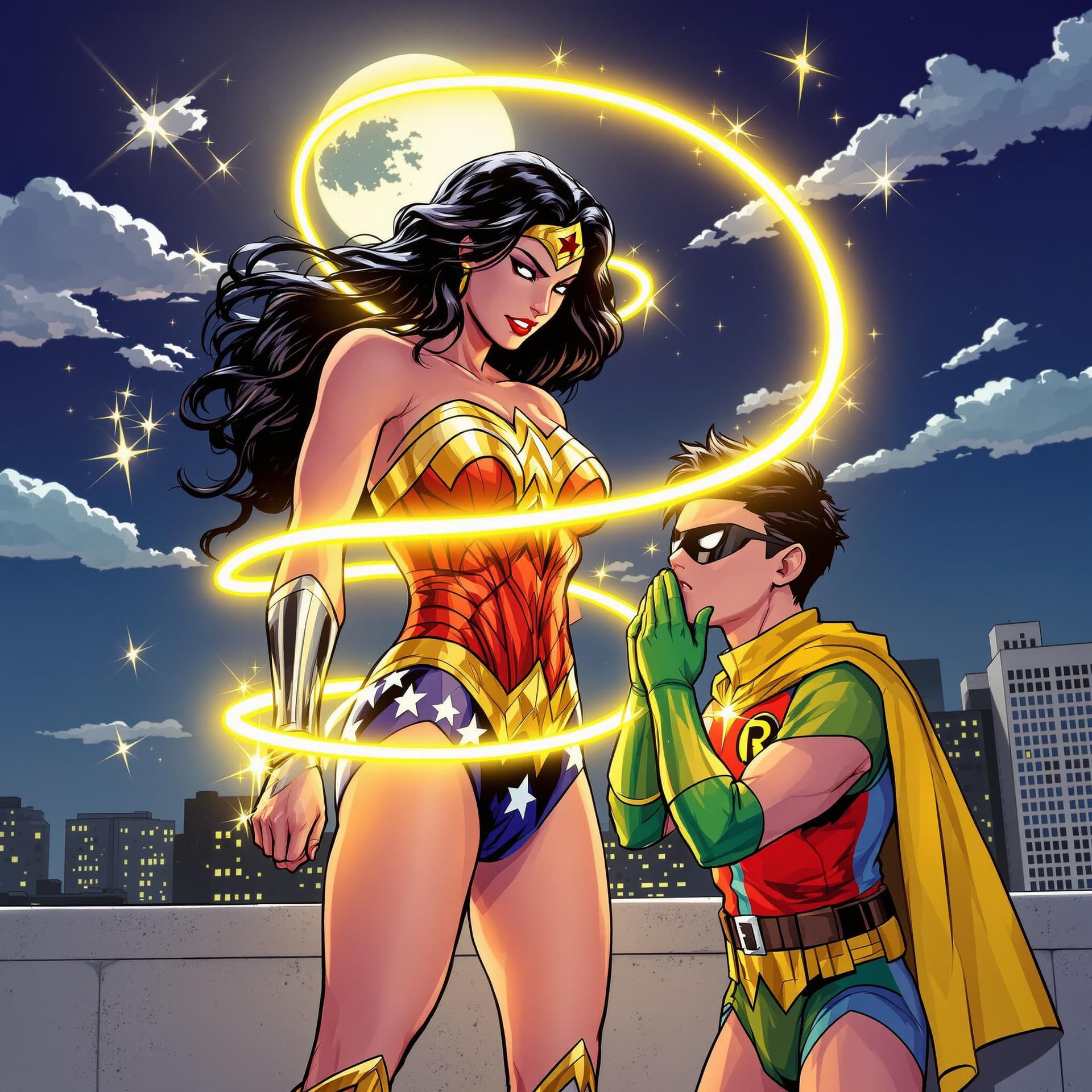 AI generated: Wonder Woman stands tall, her golden lasso glowing brightly as it coils tightly around Robin. The la...