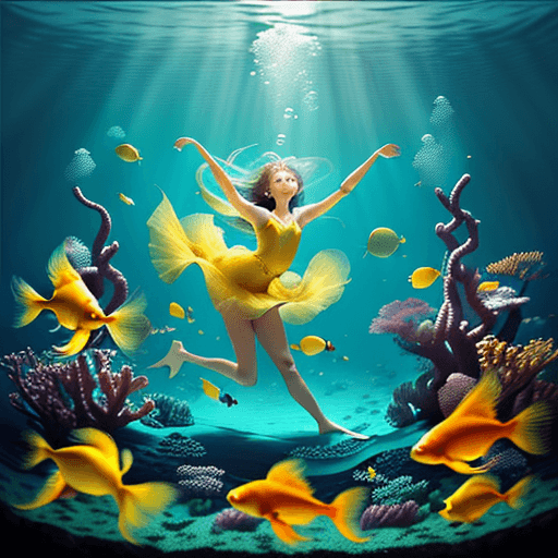 AI generated: "In a serene underwater world, capture the enchanting moment as a girl opens her eyes, surrounded by...