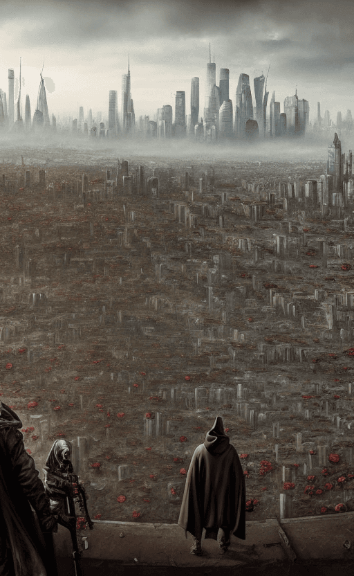 AI generated: post-apocalyptic panoramic cityscape with a dark hooded man holding a bouquet of roses in one hand o...