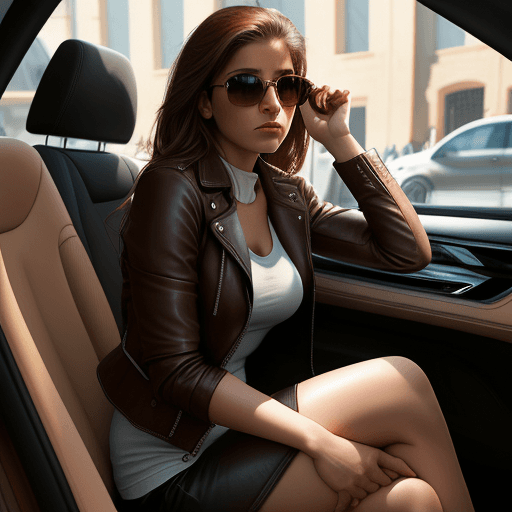 AI generated: Brown and white street photography of an attractive woman in leather jacket, sitting inside BMW car,...