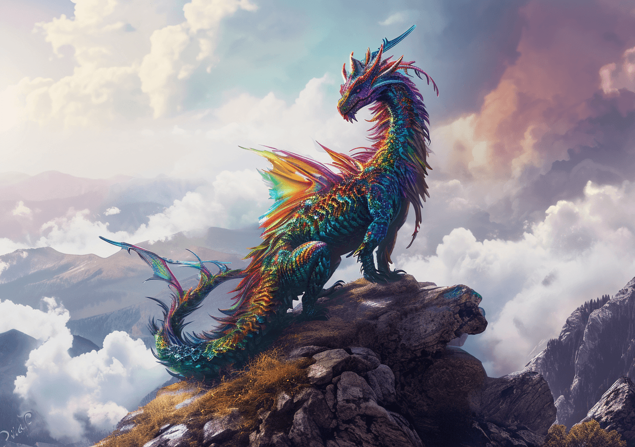 AI generated: a colorful dragon stands on top of a rock with clouds and mountains, in the style of hyper-realistic...