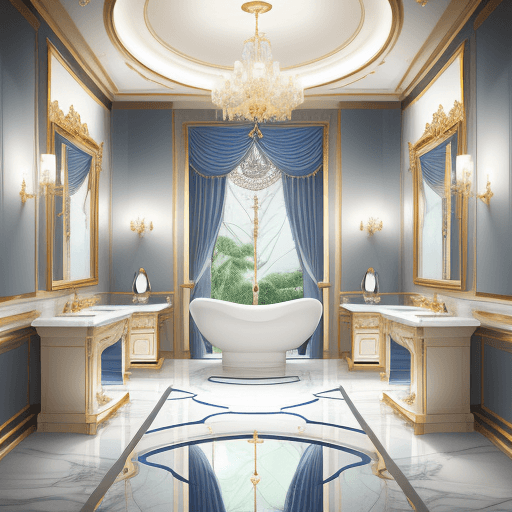 AI generated: visualize a modern luxury bathroom interior from a front-view perspective, features an elegant blue ...