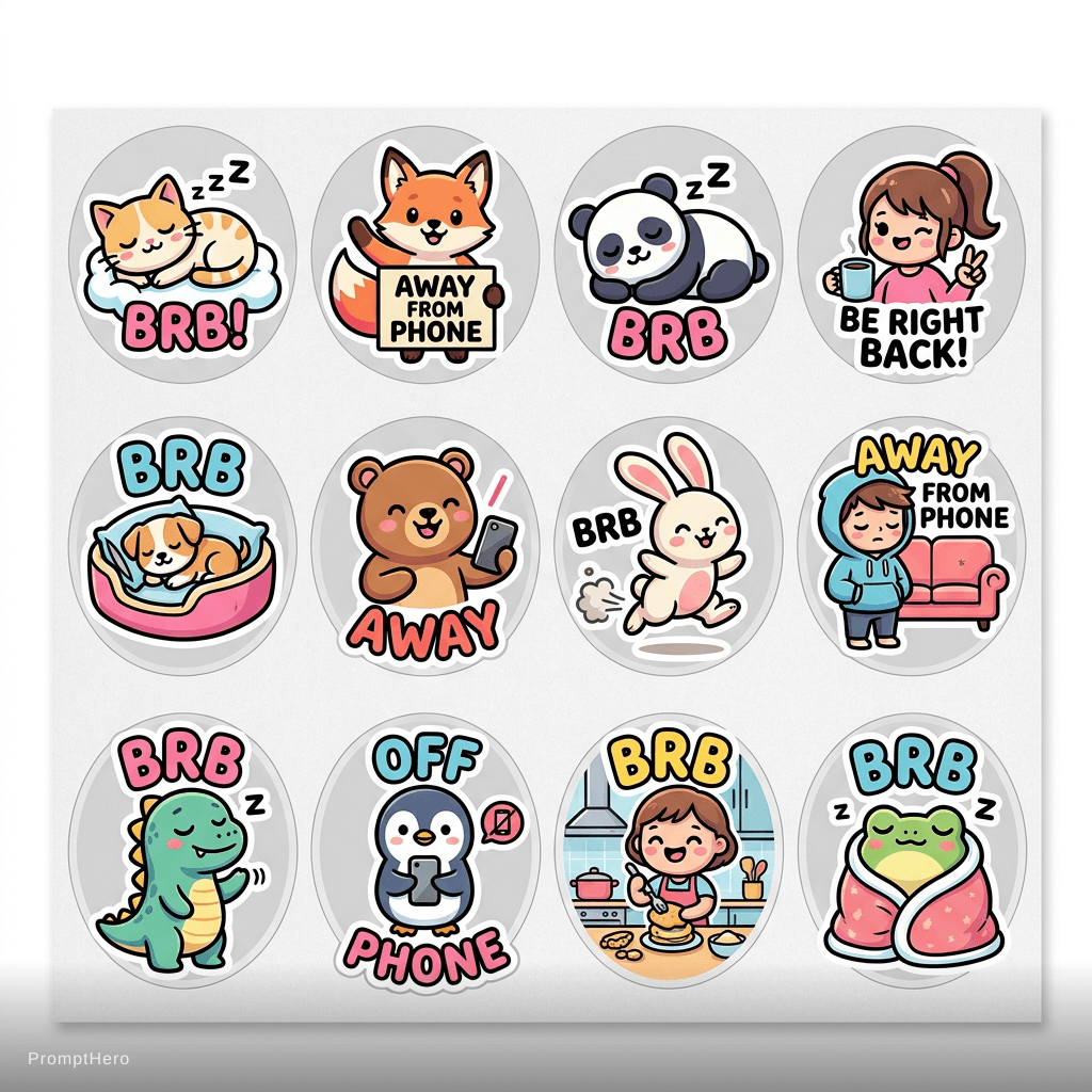 AI generated: Sticker icons for tiktok live that say BRB 
or Away from Phone