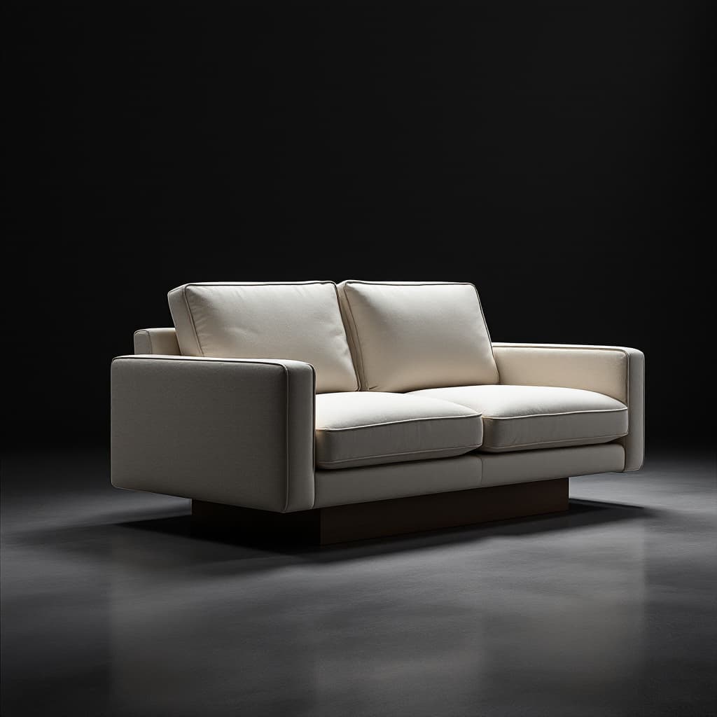 AI generated: dramatic product photography in studio lighting of a modern clean line two-seater sofa with a short ...
