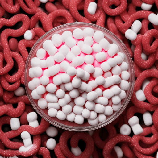 AI generated: High resolution photography; red licorice rope noose, white granulated sugar coating, marshmallows, ...
