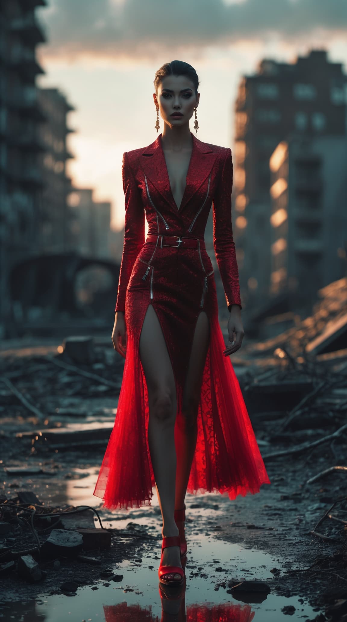 AI generated: A cinematic photo of a stunning model in red with open shoes, luxury dress, in the style of multi-la...